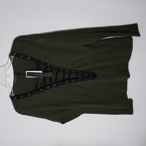 Zanzea green black deep v lace up Chest ribbed long sleeve top. Women's size XL